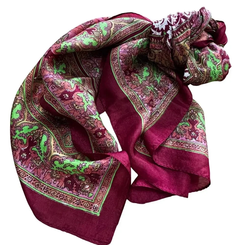Sheer India Silk Scarf Boho square burgundy red & green paisley ornate elegant